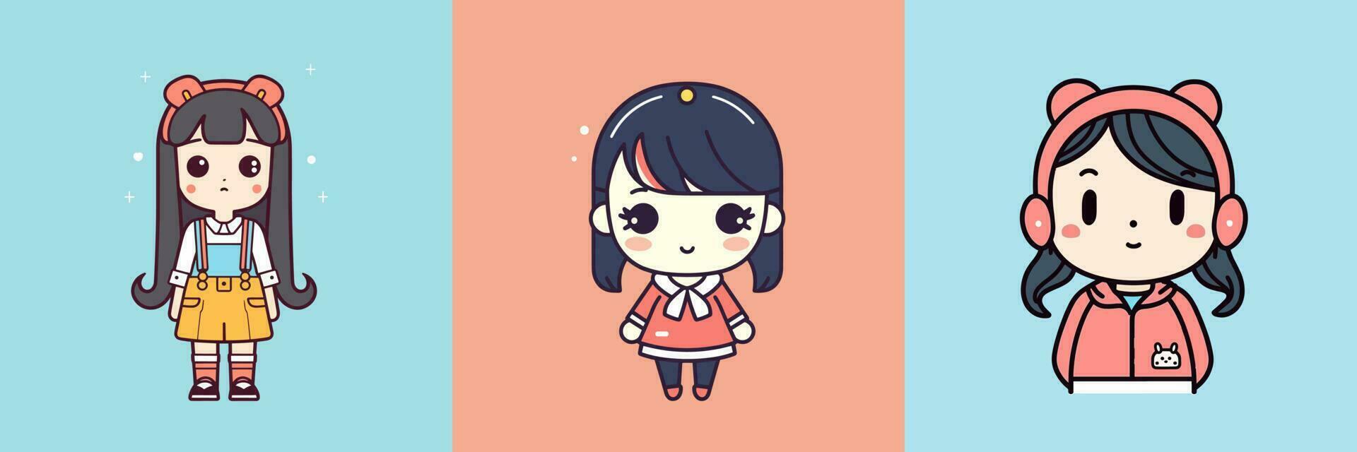 linda kawaii niña chibi dibujos animados ilustración vector