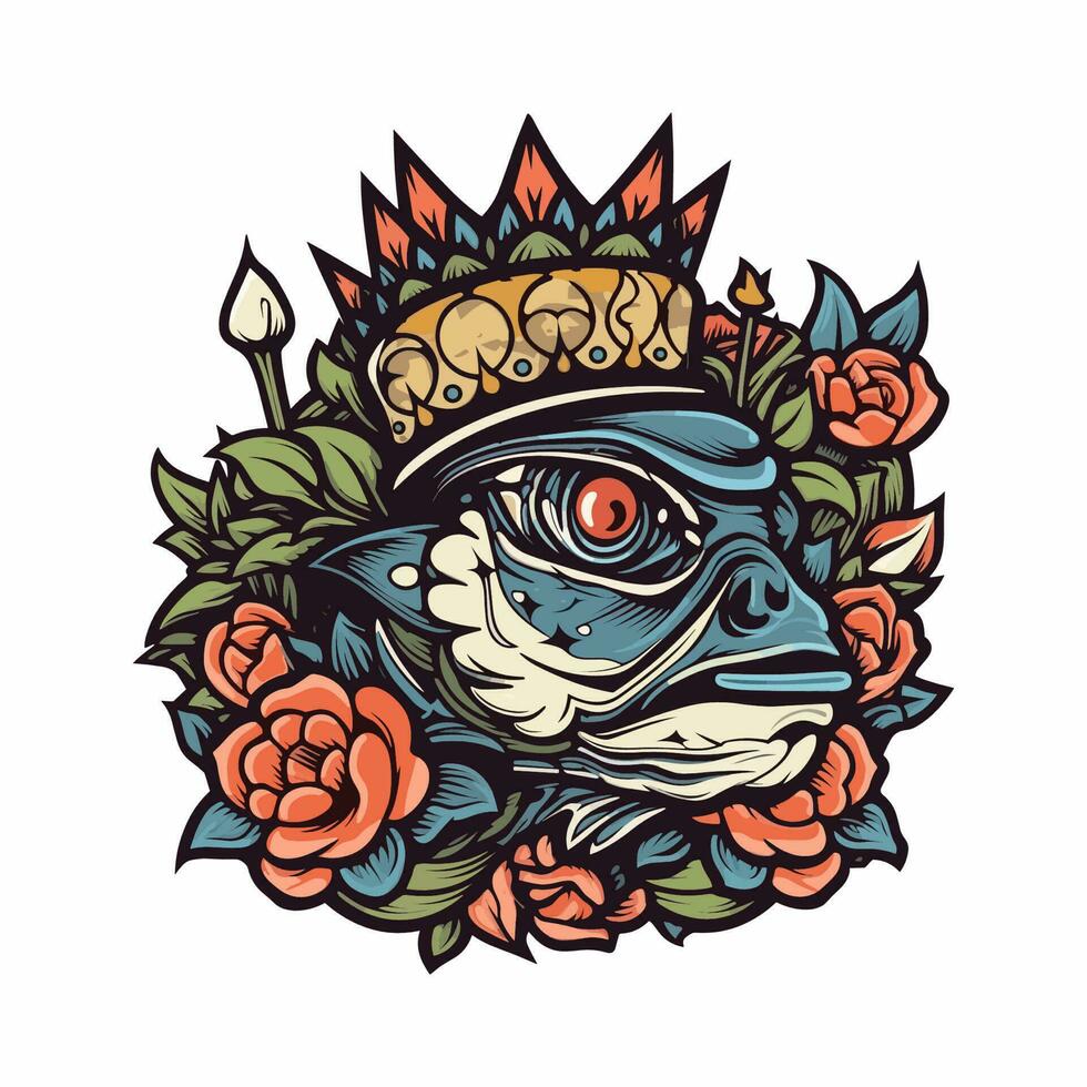 Fish flower handdrawn logo design illustration vector