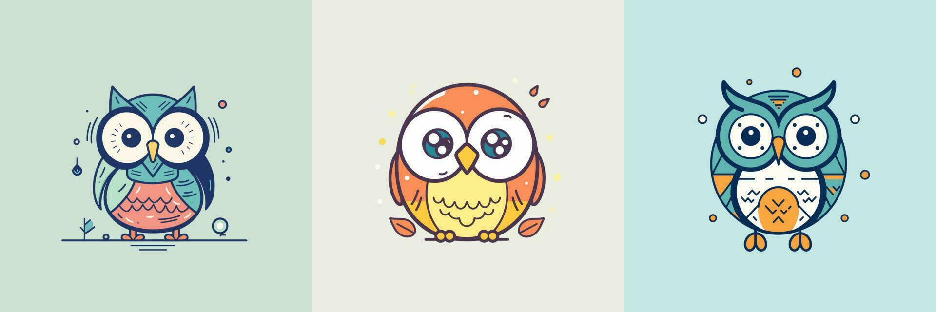 Cute baby owl mascot kawaii cartoon bird illustration set collection vector