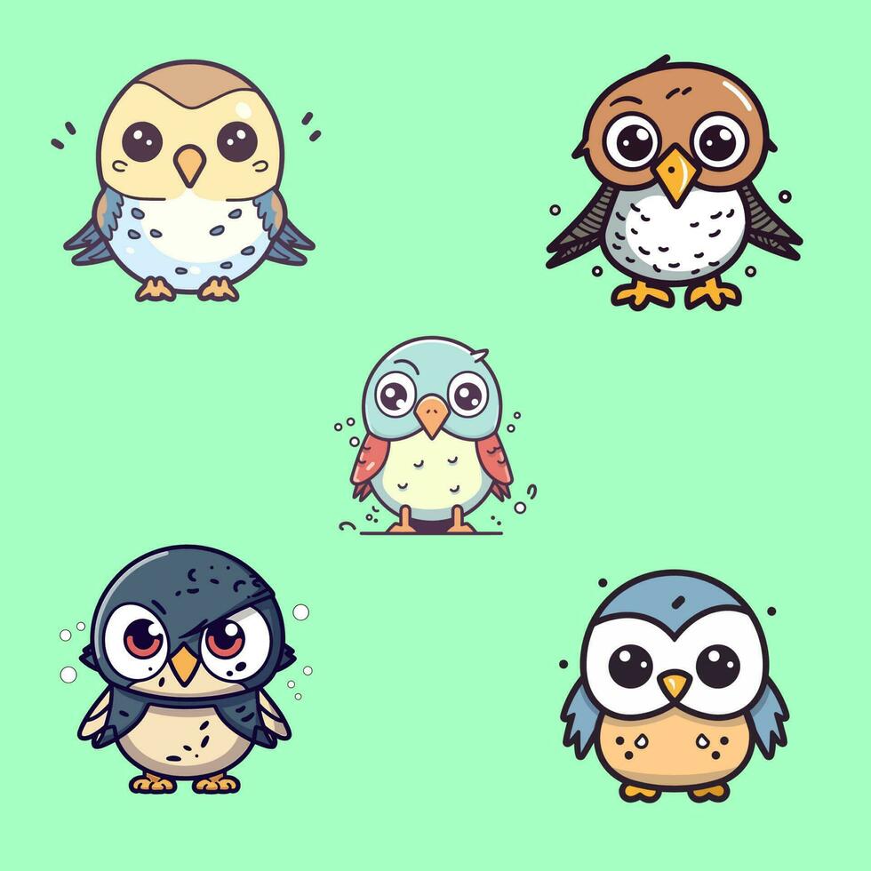 Cute Eagle falcon bird set collection kawaii cartoon illustration vector