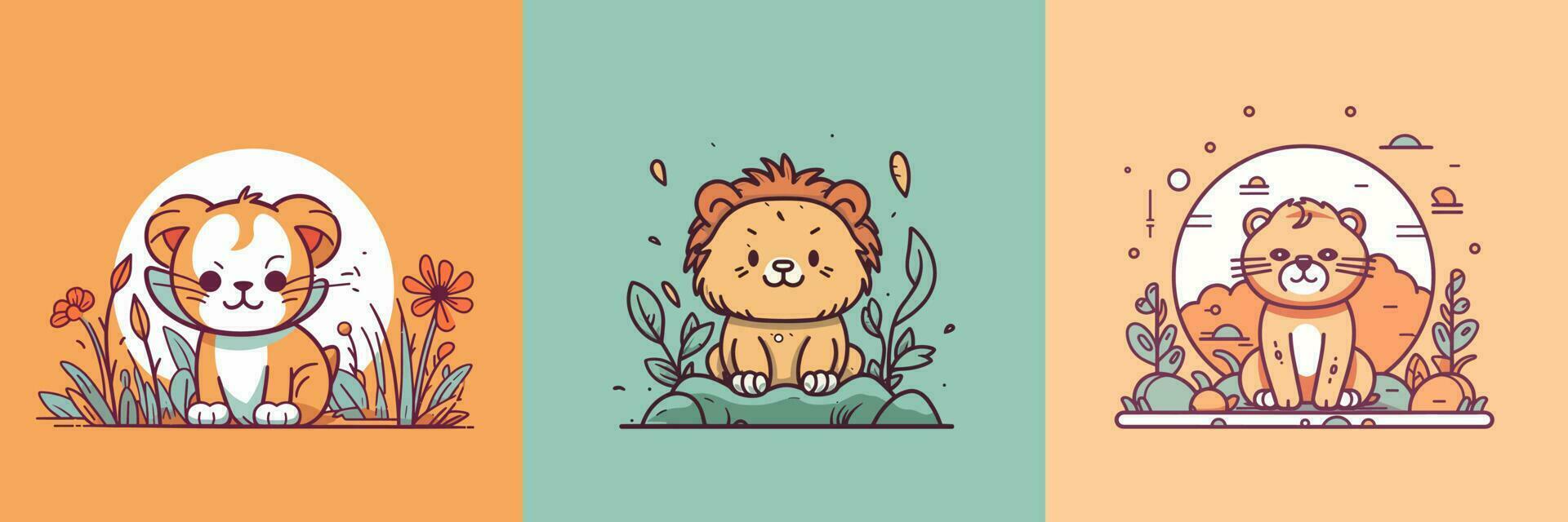 Cute kawaii lion cartoon illustration vector