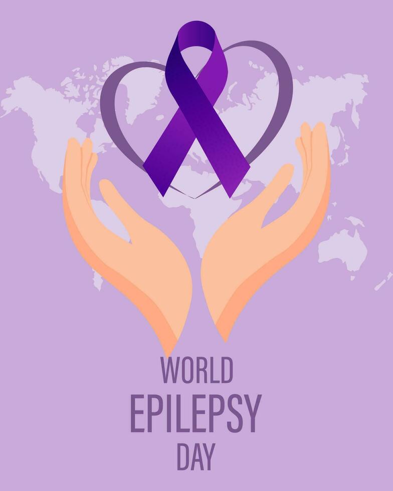 día mundial de la epilepsia. cinta morada en las manos en el fondo del mapa mundial. concepto médico. cartel de conciencia, pancarta, vector