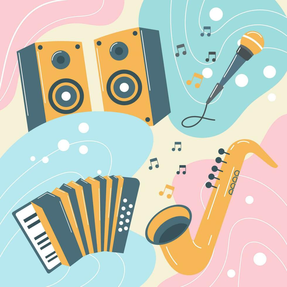 Musical instruments on a colored background in boho style. Pastel colors. Background, poster, print, vector