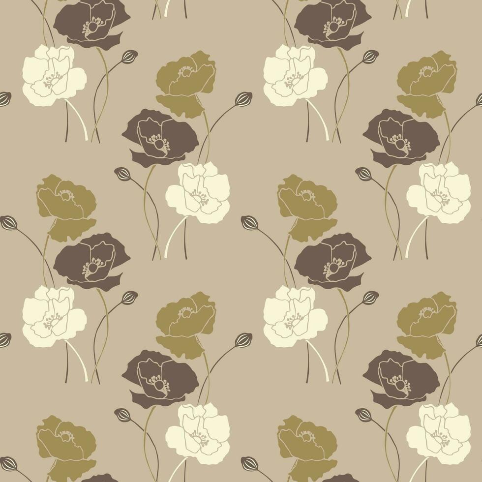 Seamless pattern, bouquets of poppies, beige colors. Print, elegant background, textile, wallpaper, vector