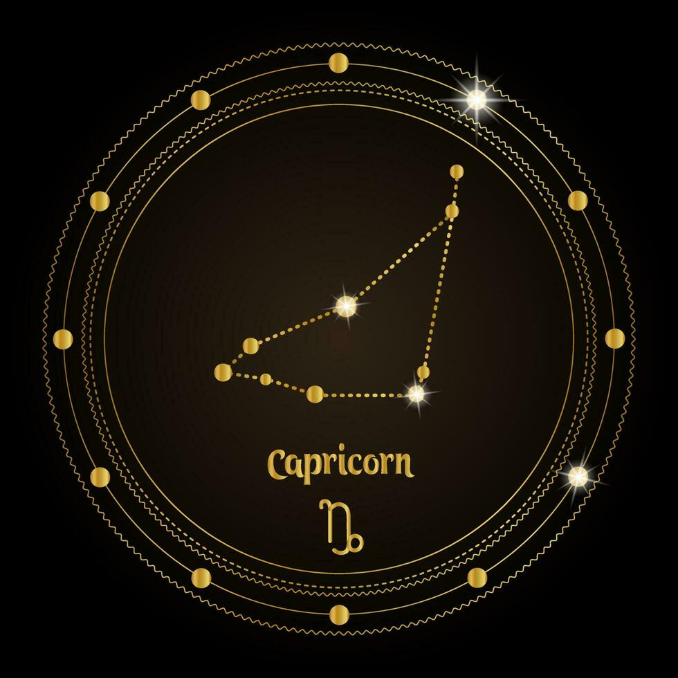 Capricorn, constellation of the zodiac sign in the cosmic magic circle. Golden design on a dark background. Vector