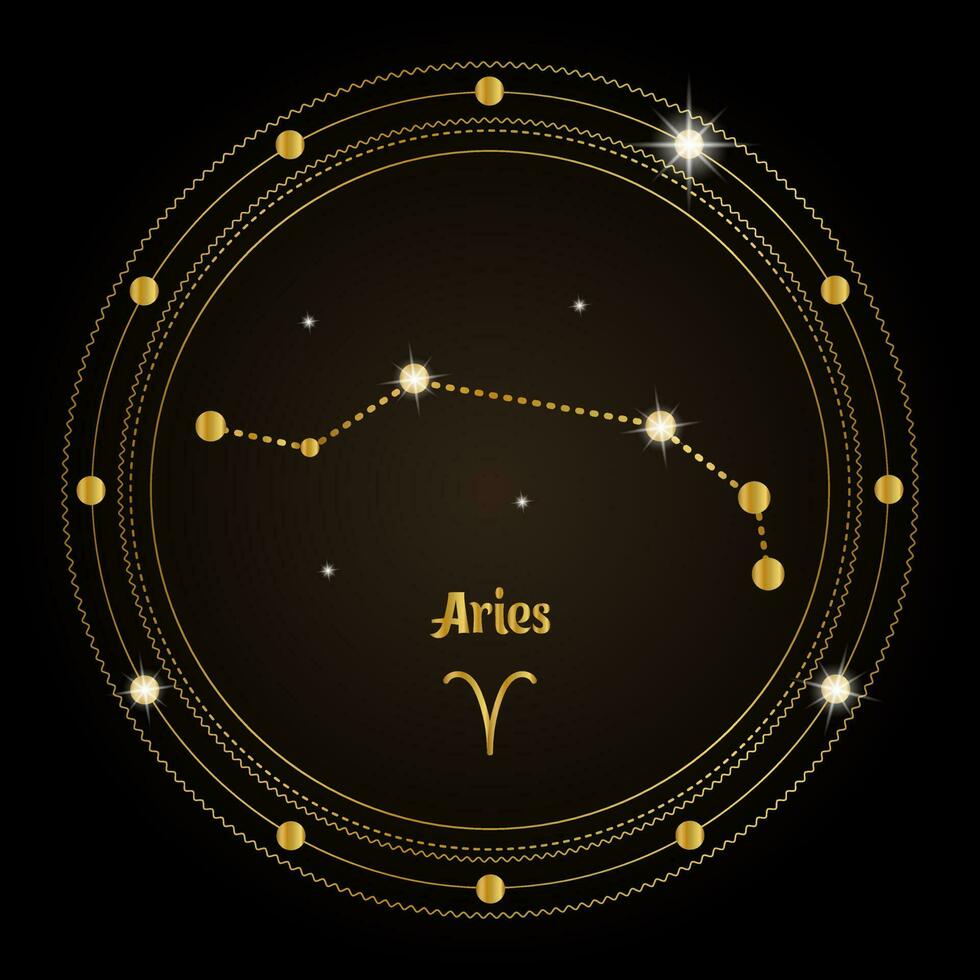 Aries, constellation of the zodiac sign in the cosmic magic circle. Golden design on a dark background. Vector