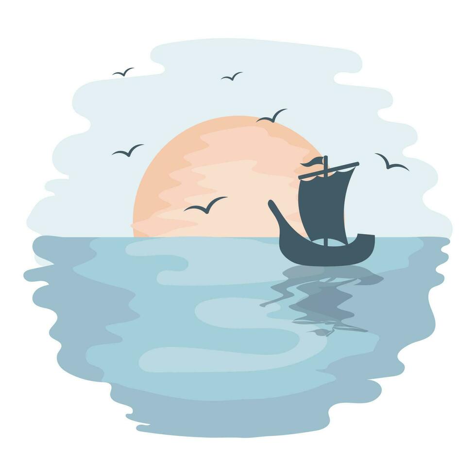 Seascape, sunset on the tropical sea with a yacht and seagulls on a watercolor background. Illustration, icon, vector