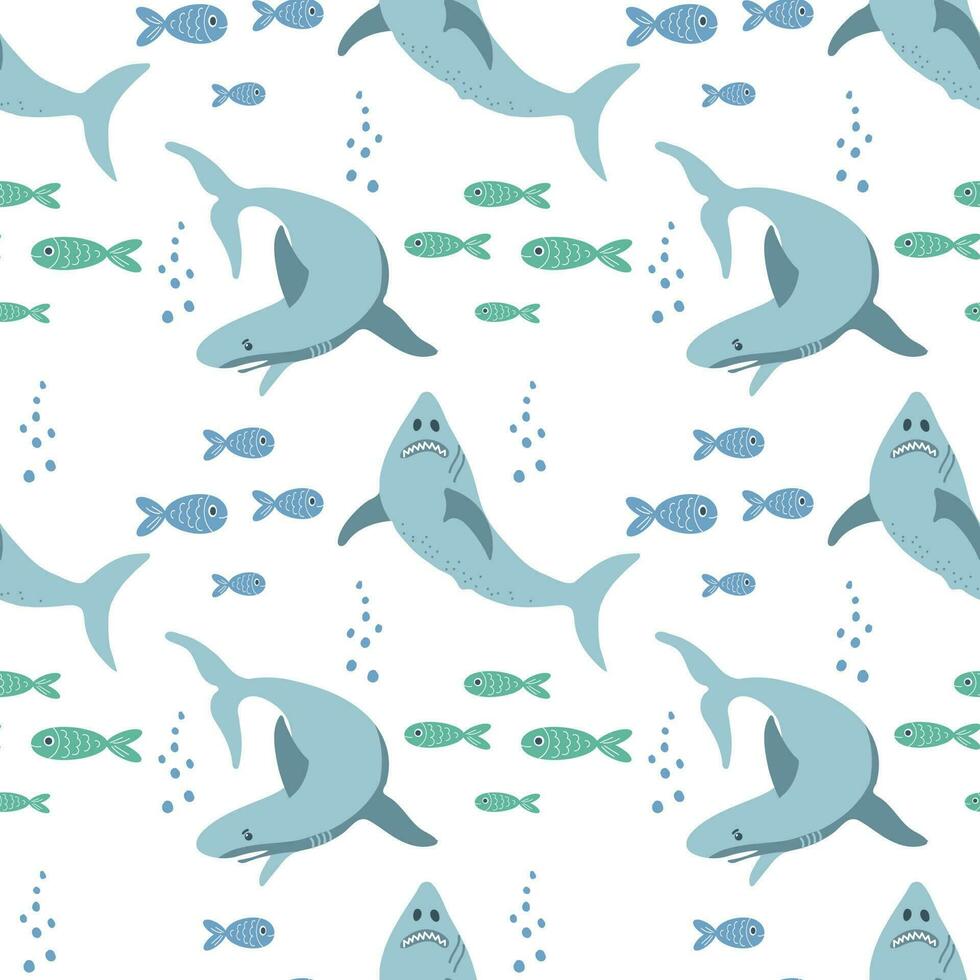 Seamless pattern with sharks and fishes on a white background. Background with cartoon sea animals. Baby print, vector
