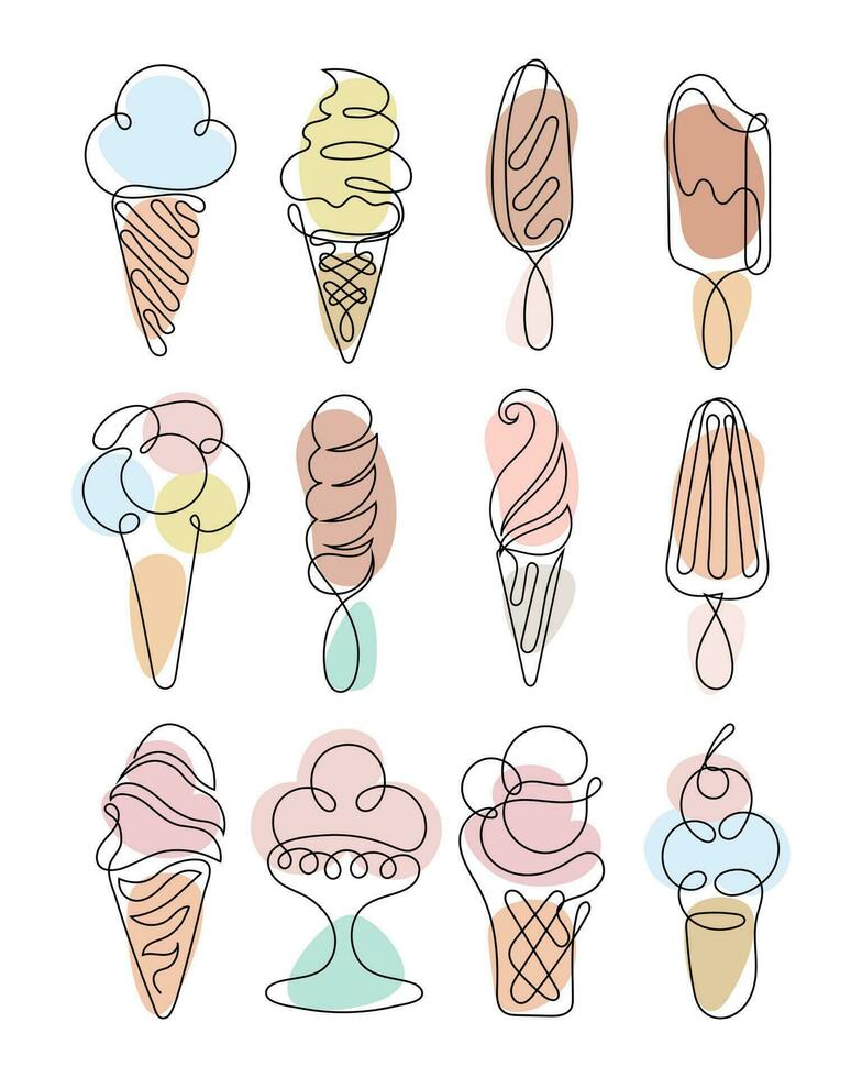 un conjunto de contorno dibujos de varios tipos de hielo crema. negro línea con color. comida ilustración, vector