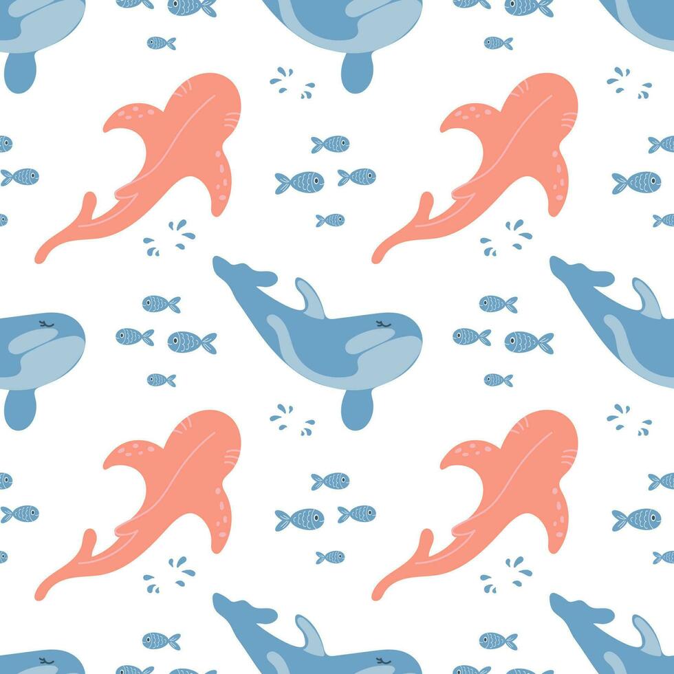 Seamless pattern with whales and fishes on a white background. Background with sea animals. Children's print, vector