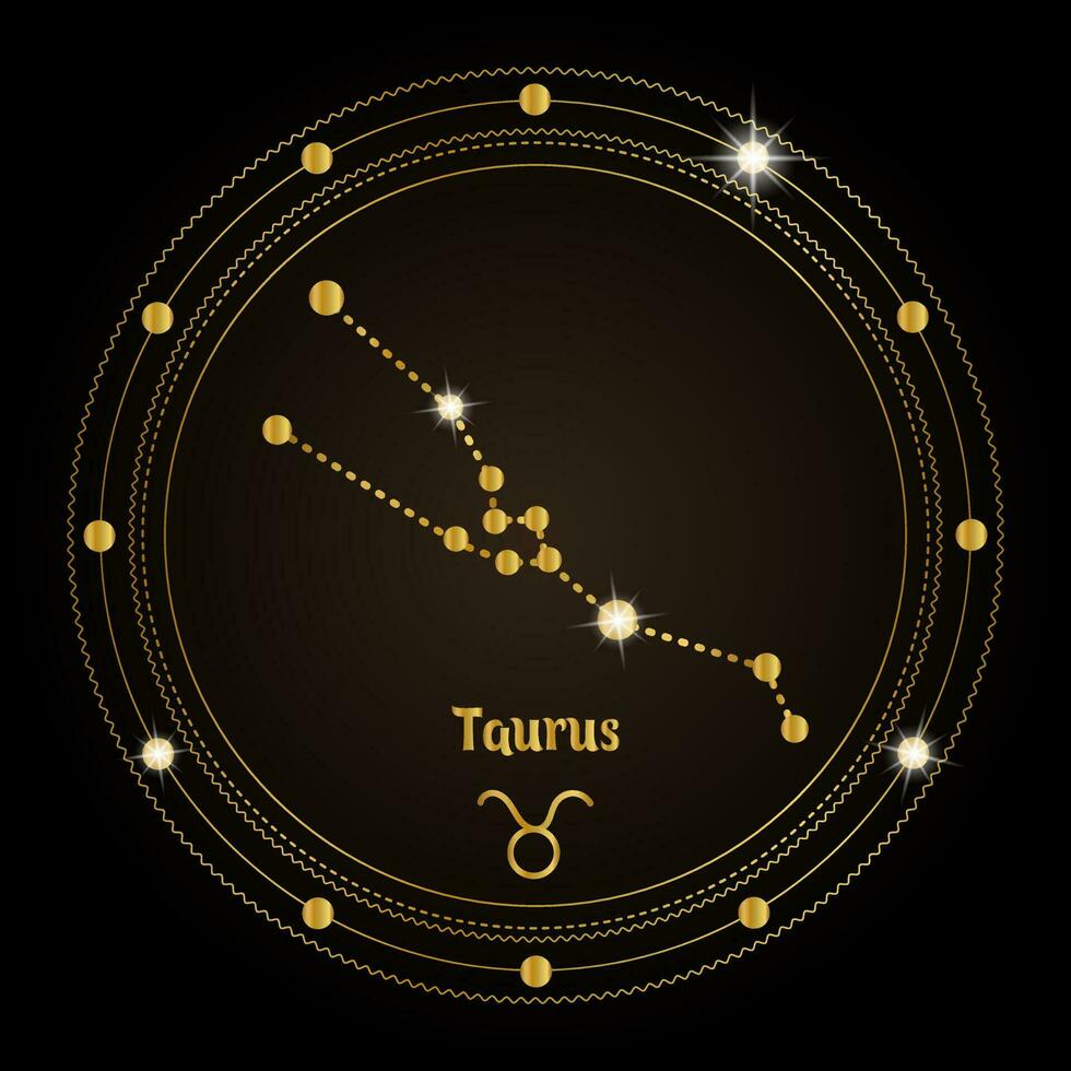 Taurus, constellation of the zodiac sign in the cosmic magic circle. Golden design on a dark background. Vector