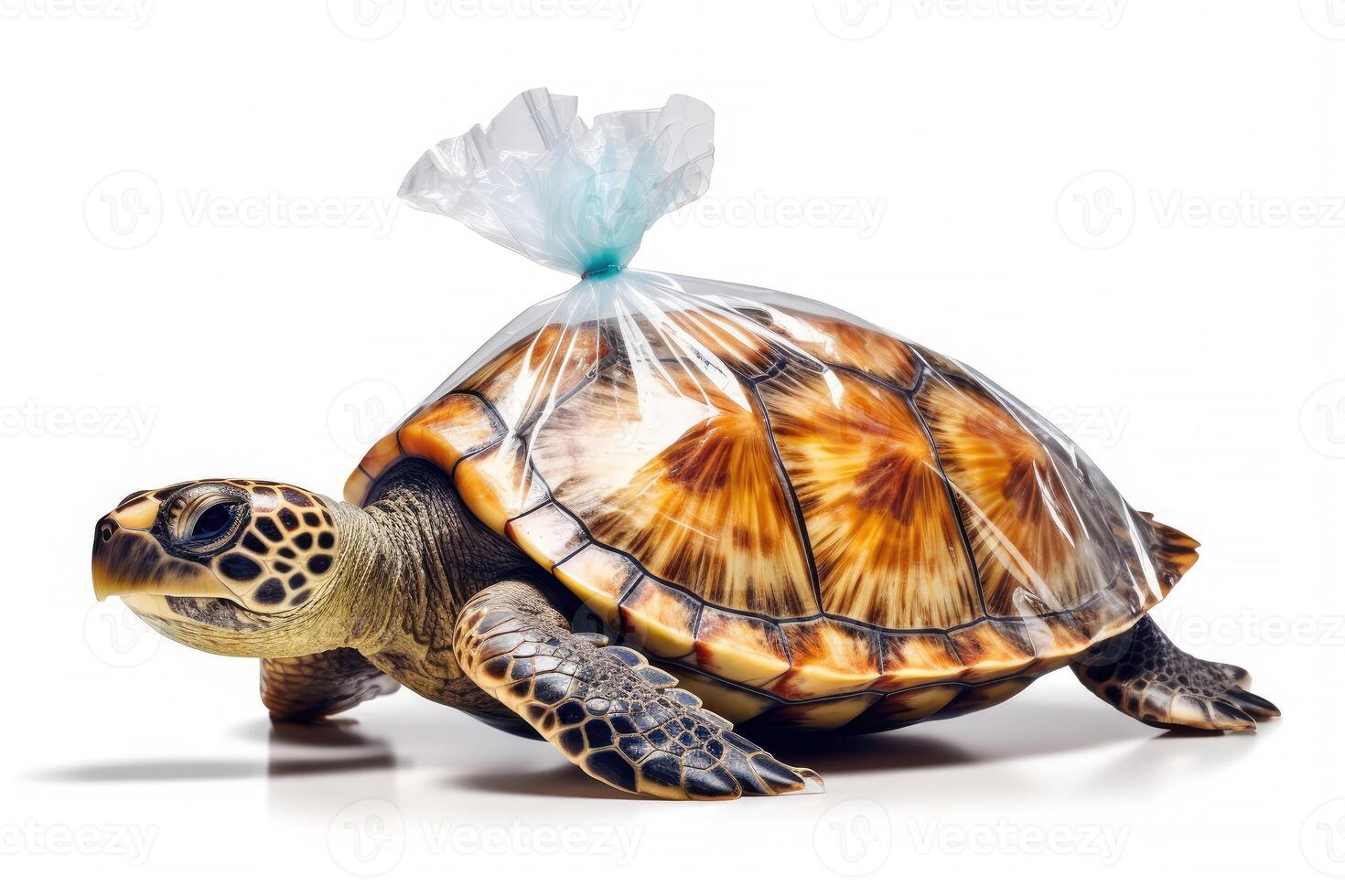 Close up sea turtle with plastic bag isolated on white background