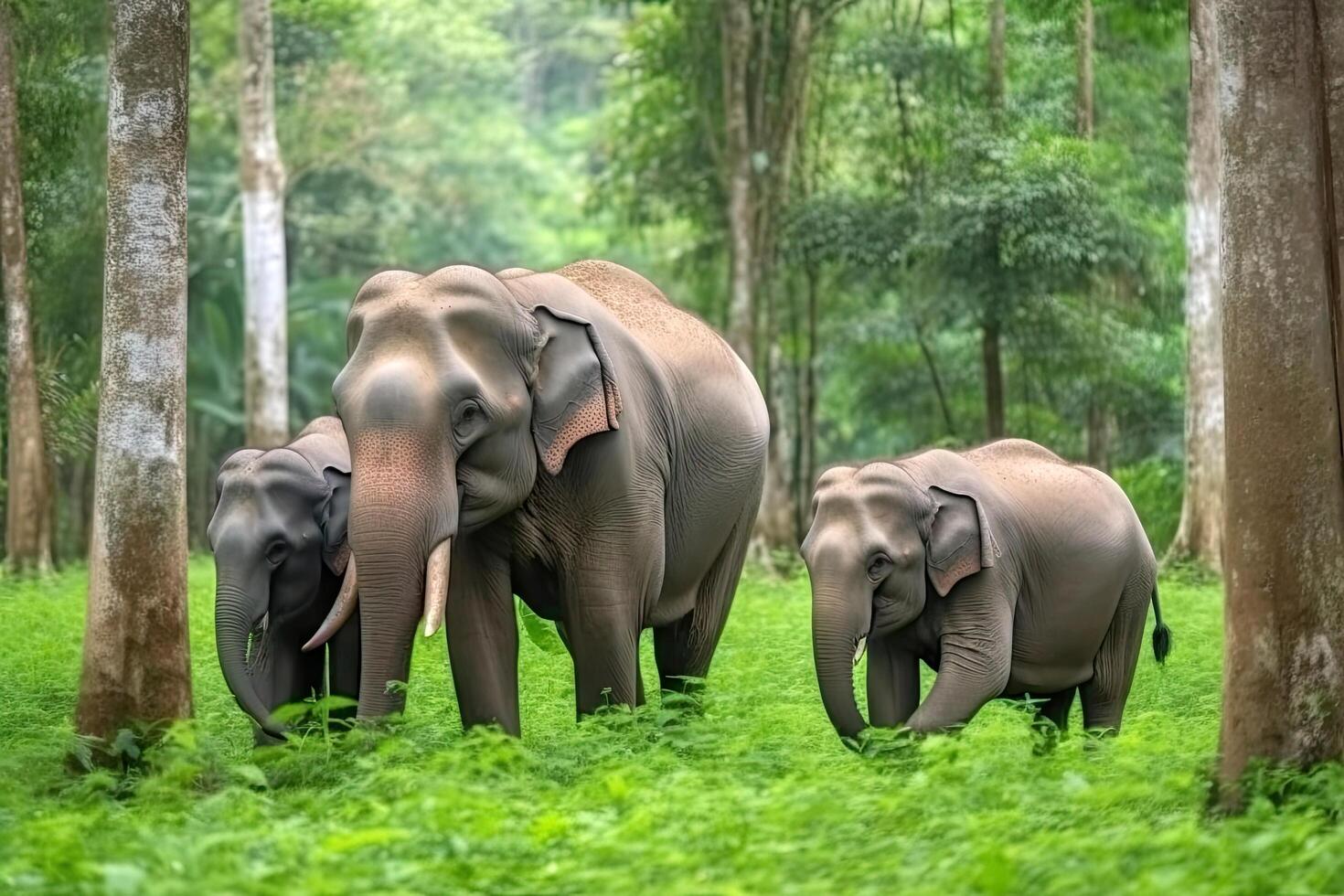 Asia Elephants family walking in the natural park, Animal wildlife habitat in the nature forest, beautiful of life, massive body part, largest mammal, with Generative AI. photo