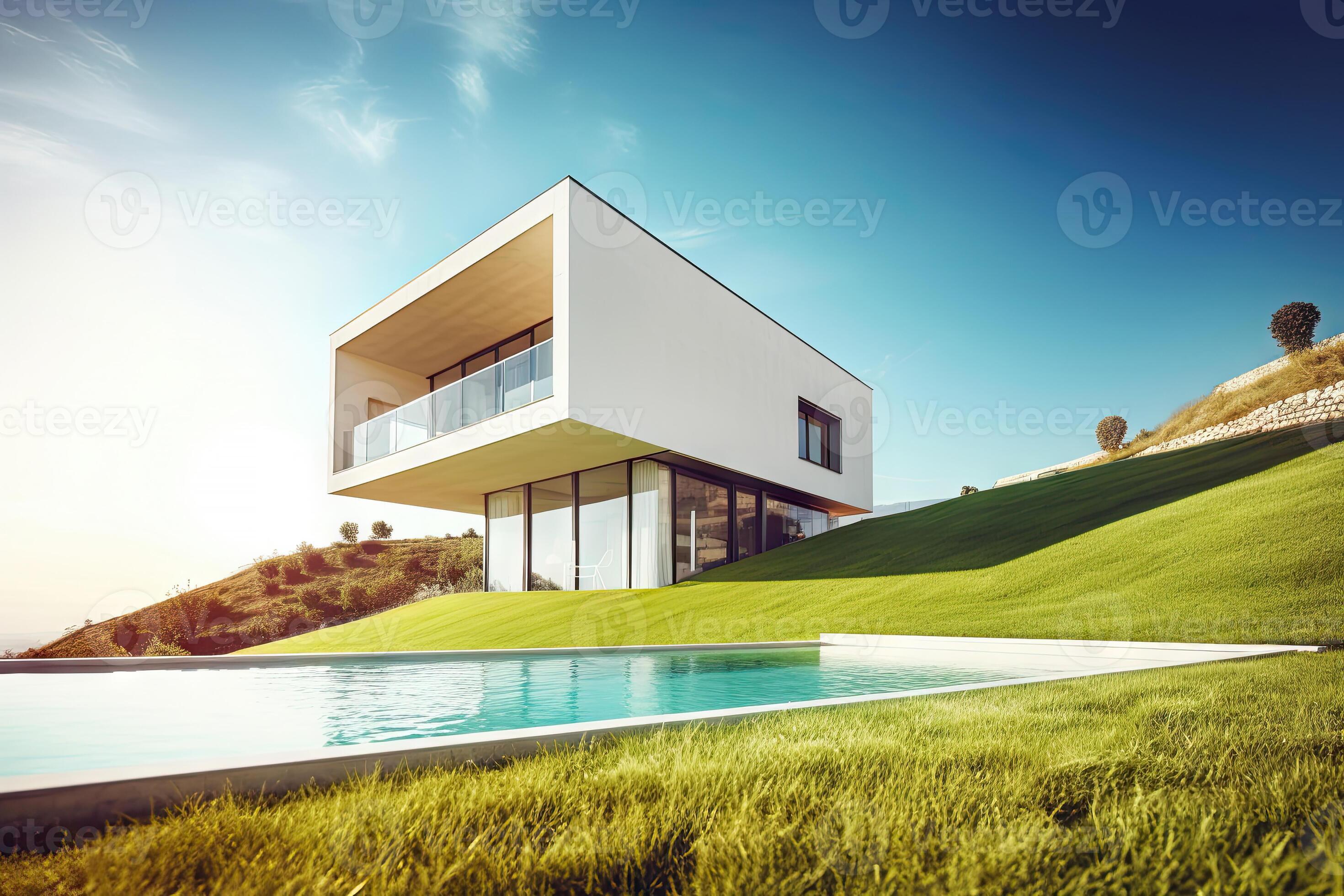 Modern Nordic house style on grass hill with pool and beautiful