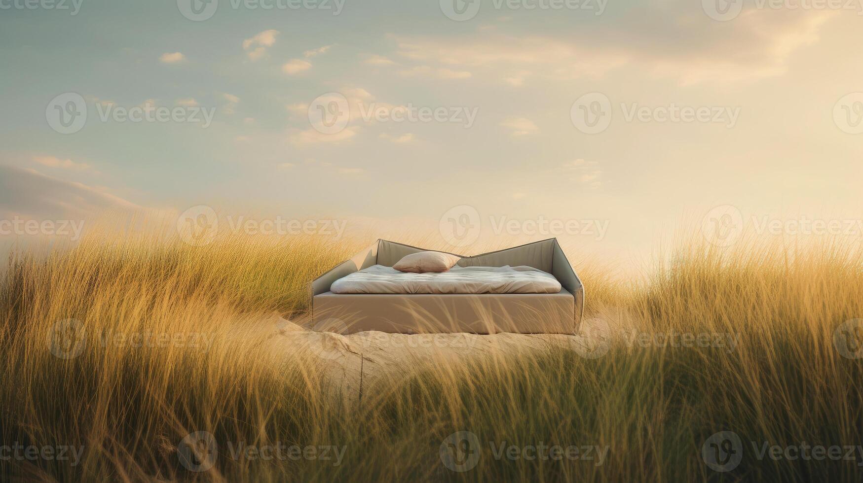 Lonely bed stand on grass dune hill with beautiful sky, surreal dreamlike landscape, minimal background, creative scene, Desert scene with furniture, with . photo