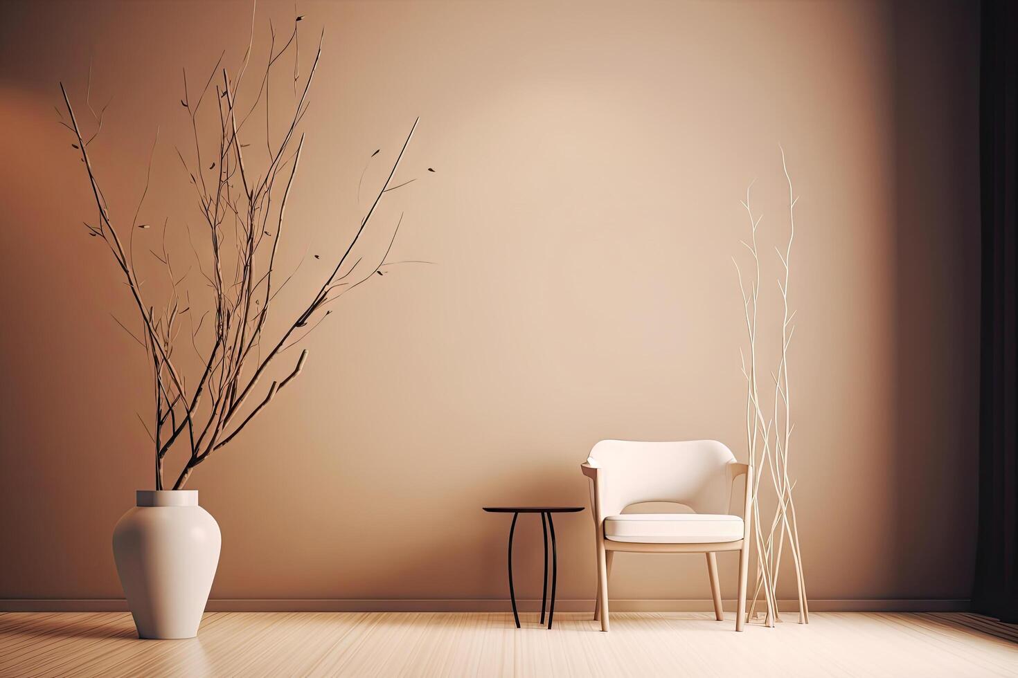 Minimal interior modern office space room with beige cozy tone style, decorate with armchair, desk, and row of computers, empty wall for mock up and banner, with . photo