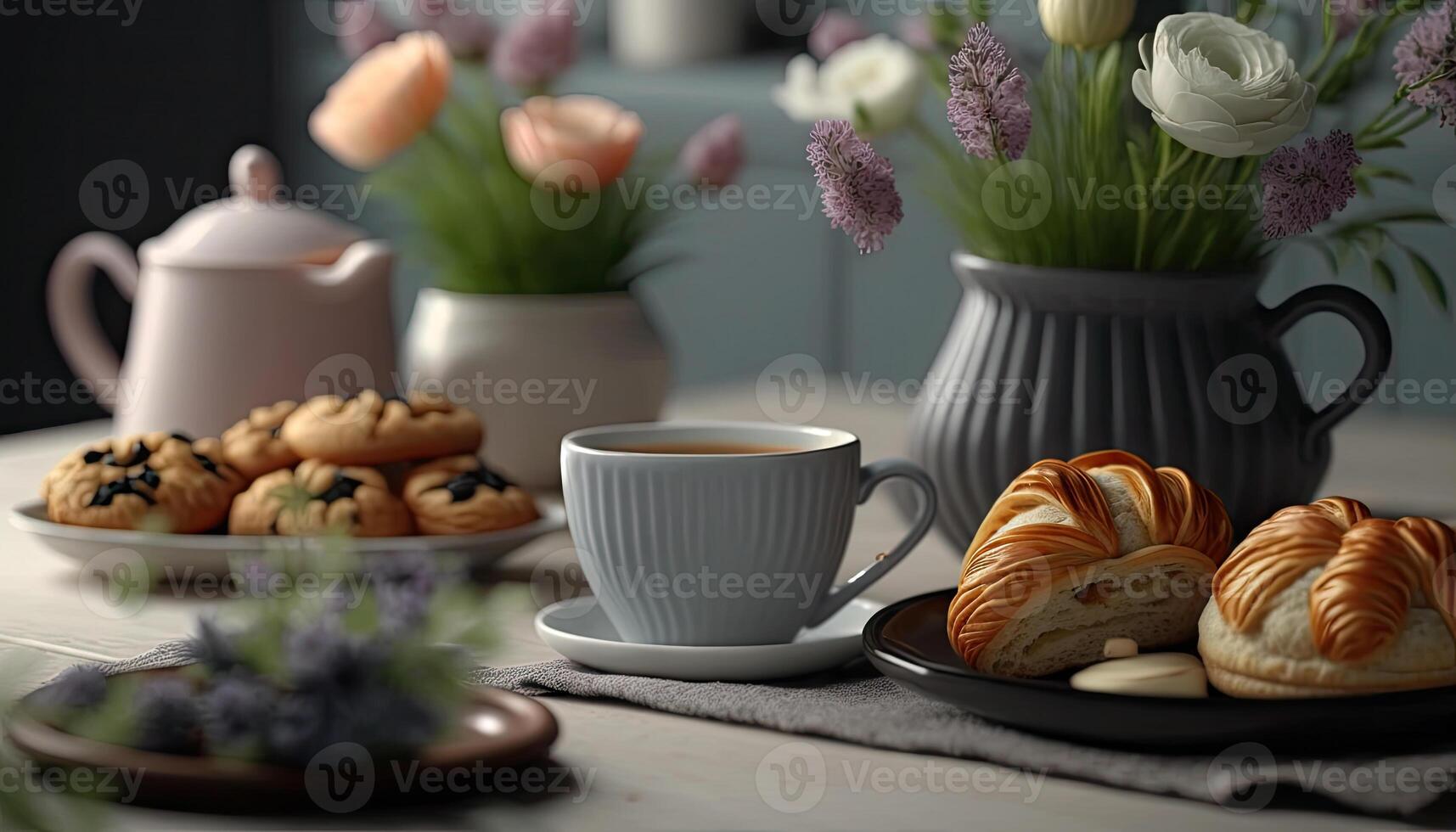 Afternoon set up of classic tea on ceramic marble table decorated with spring flowers and dessert, hot tea on the cup, popular drinks beverage, with . photo