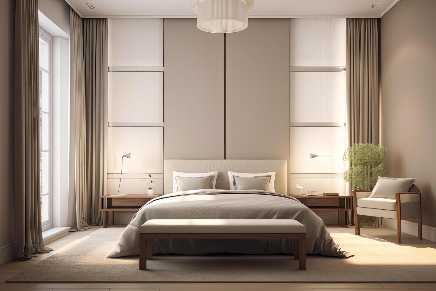 mínimo interior diseño dormitorio con beige acogedor tono estilo, Decorar con de madera cama, lámpara, blanco almohadas, mesa, y marrón tono fondo, vacío pared para burlarse de arriba y bandera, con generativo ai. foto