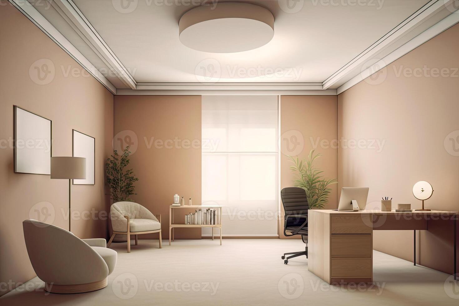 Minimal interior modern office space room with beige cozy tone style, decorate with armchair, desk, and row of computers, empty wall for mock up and banner, with . photo