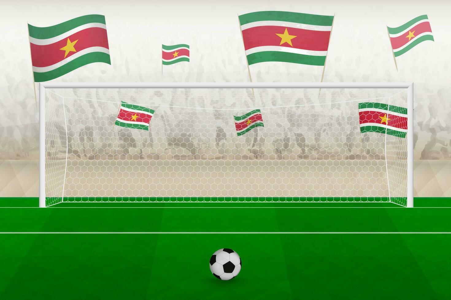 Suriname football team fans with flags of Suriname cheering on stadium, penalty kick concept in a soccer match. vector