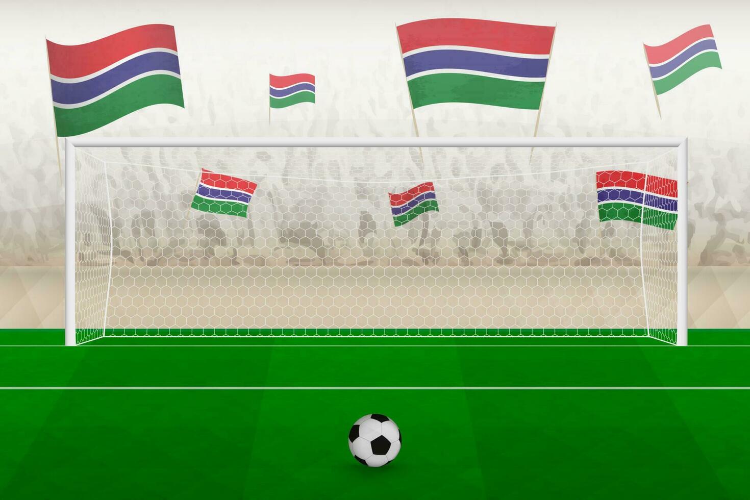 Gambia football team fans with flags of Gambia cheering on stadium, penalty kick concept in a soccer match. vector