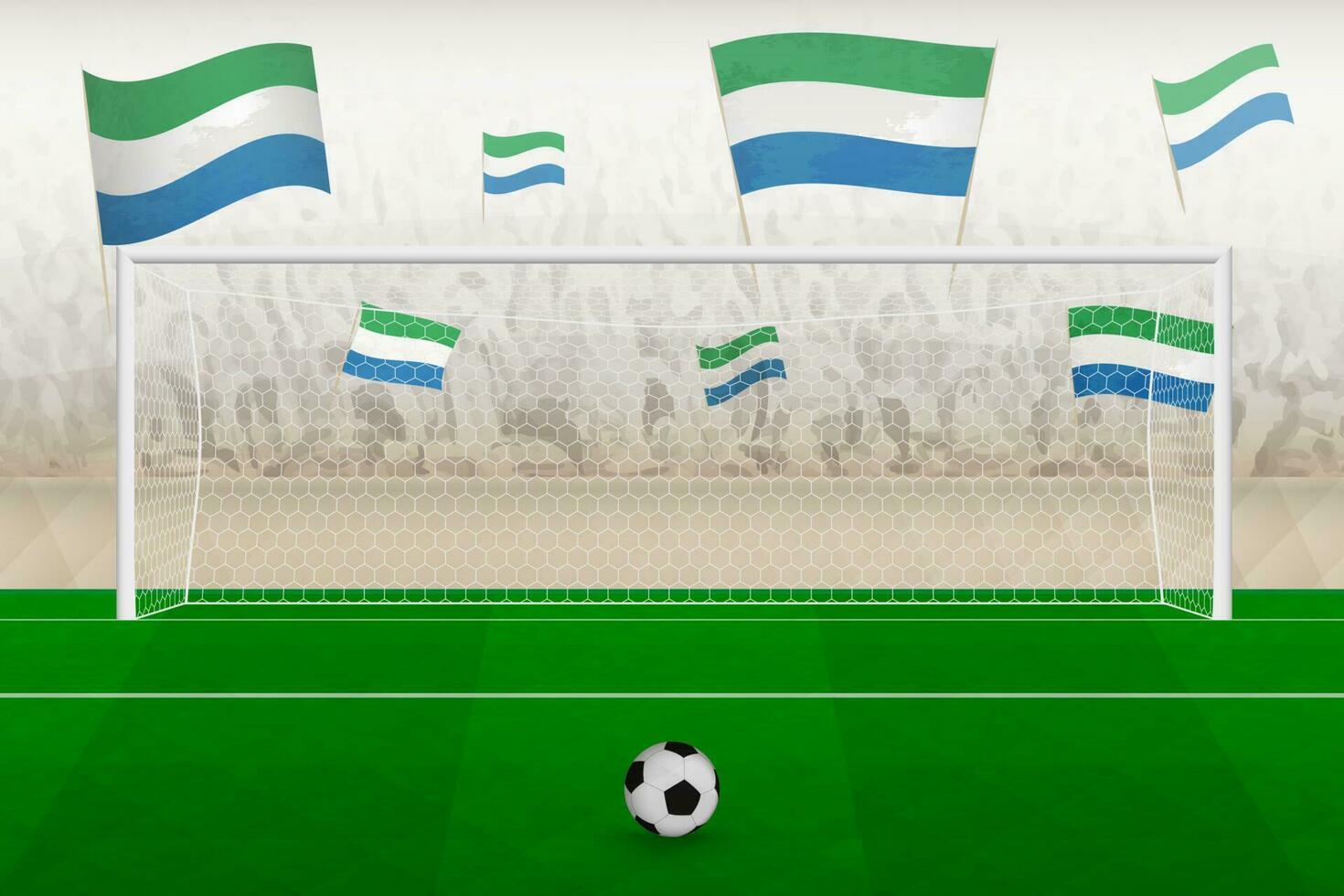 Sierra Leone football team fans with flags of Sierra Leone cheering on stadium, penalty kick concept in a soccer match. vector