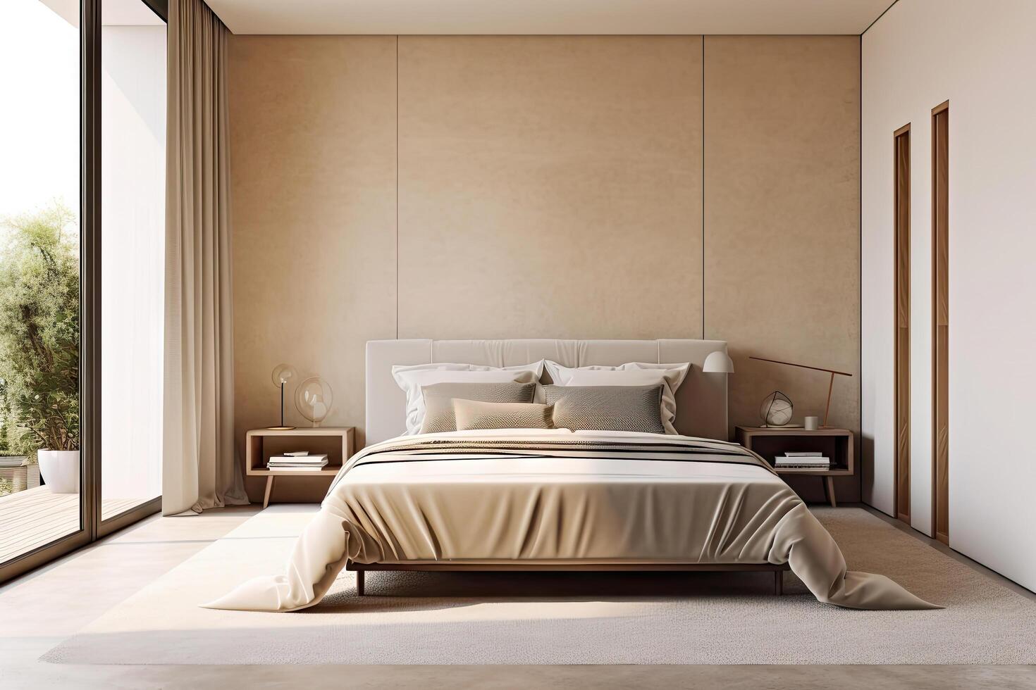 Minimal interior design bedroom with beige cozy tone style, decorate with wooden bed, lamp, white pillows, table, and brown tone background, empty wall for mock up and banner, with . photo