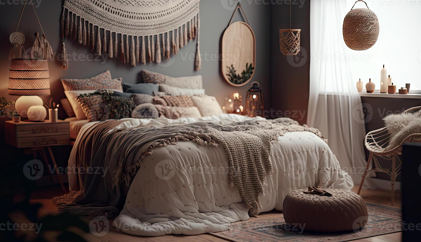 mínimo bohemio dormitorio interior estilos con hogar decoración burlarse de arriba beige tono, acogedor habitación elegante concepto, escandinavo y moderno diseño antecedentes con generativo ai. foto