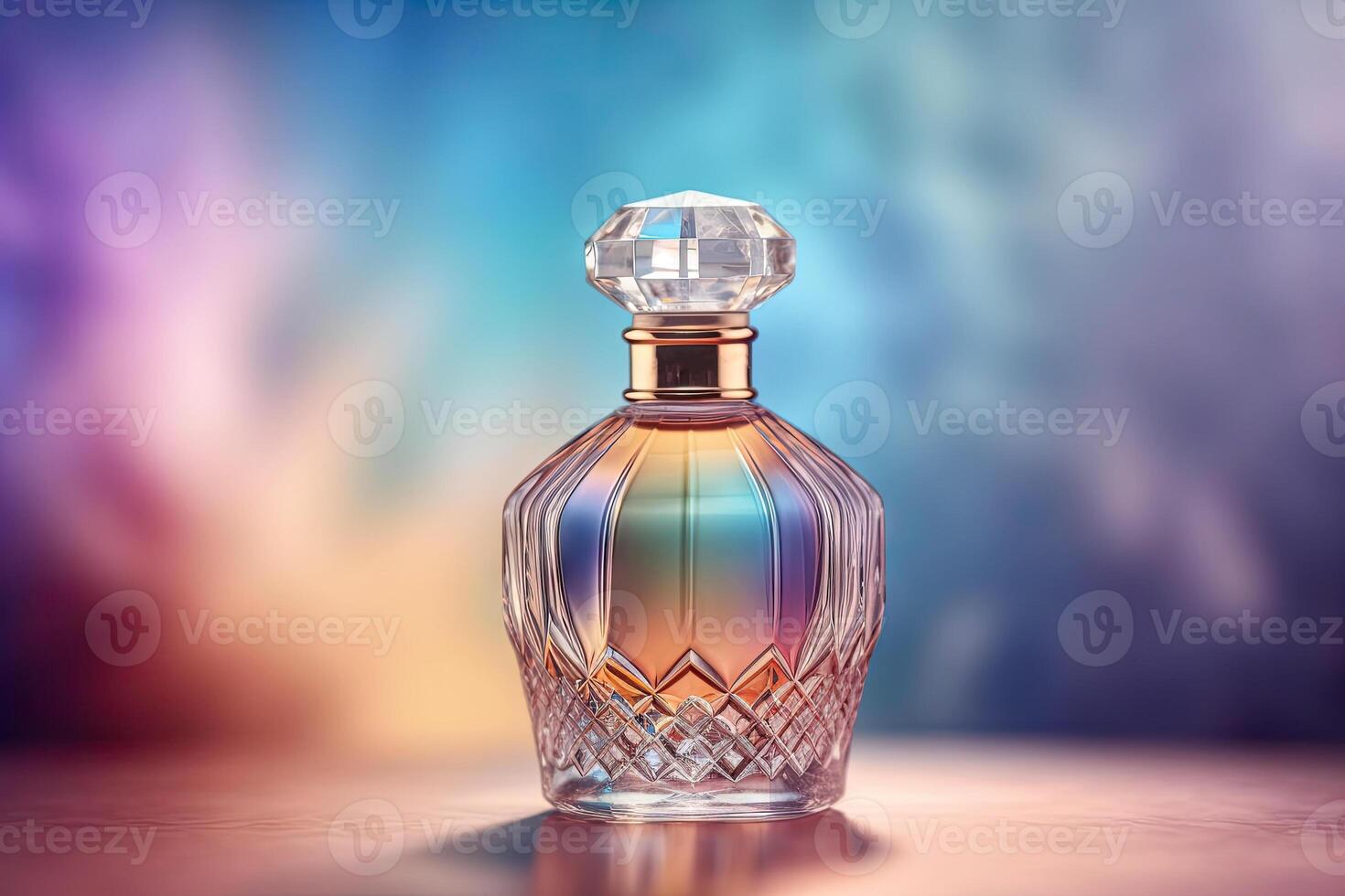 Close up of luxury perfume bottle with blurry bokeh light background, fragrance branding product for mock up, packaging design with Generative Ai. photo