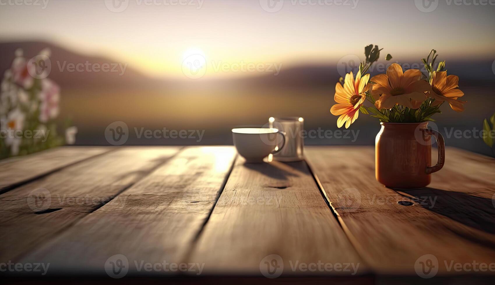 Wooden blank or empty tabletop in spring season at morning with sunset light, spring summer flowers decorations and nature view for mock up, with . photo