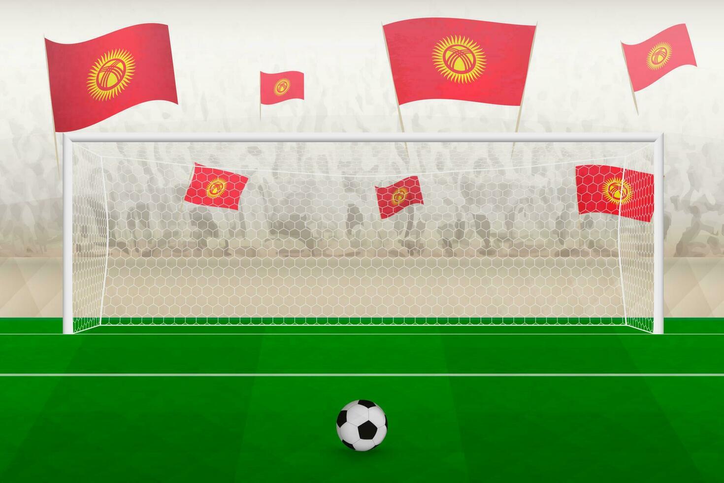 Kyrgyzstan football team fans with flags of Kyrgyzstan cheering on stadium, penalty kick concept in a soccer match. vector