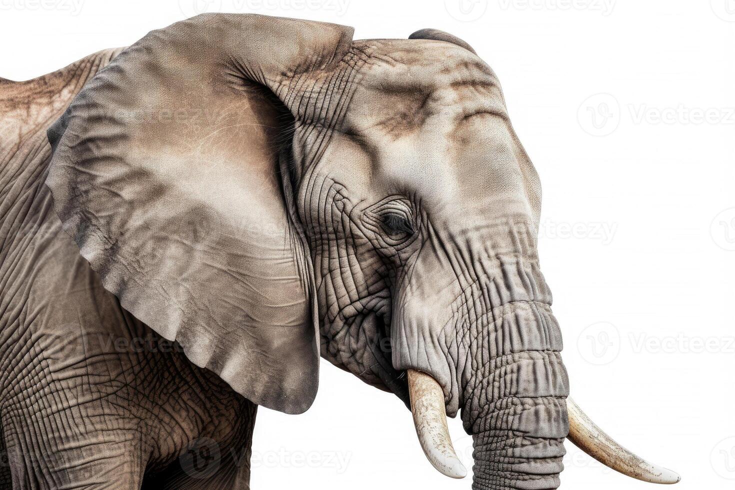 Close up face of Elephant isolated on white background, Animal wildlife habitat in the nature forest, beautiful of life, massive body part, largest mammal, with . photo