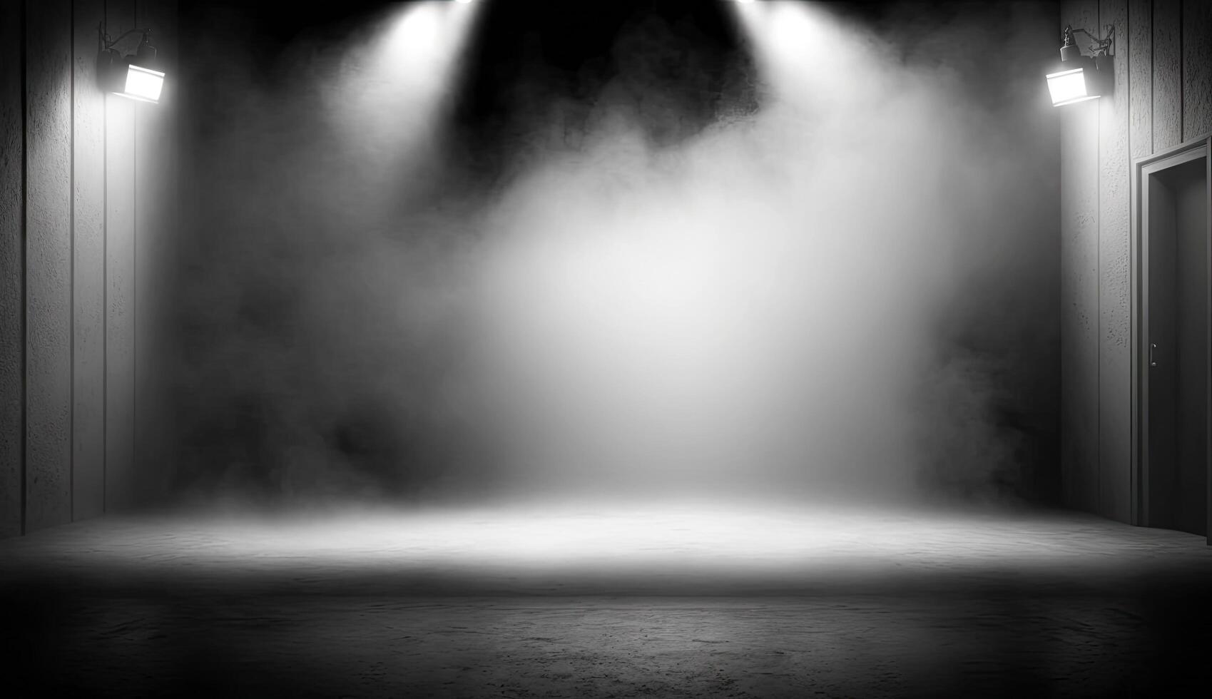 Studio empty stage background with spot light beam shine on background, concert stand with blank space for mock up, swirling fume, with . photo