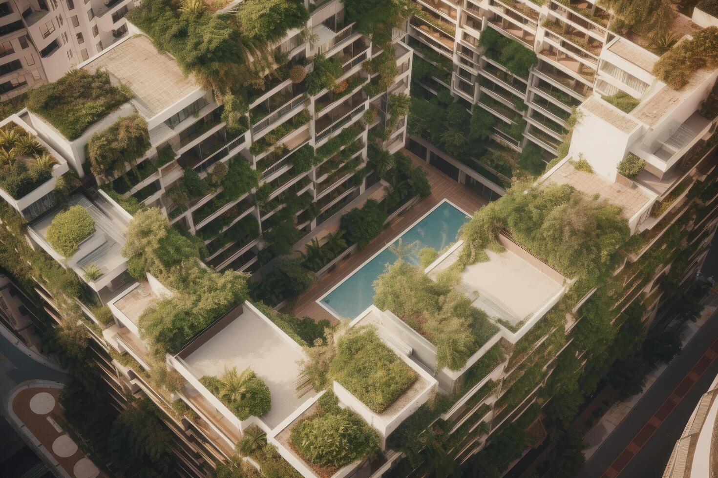 futurista simpático ecología mega ciudad edificios y torres, verde ambiente ciudad centrar metrópoli, bosque y jardín en centro de la ciudad, verdor rascacielos, sostenible naturaleza con generativo ai foto