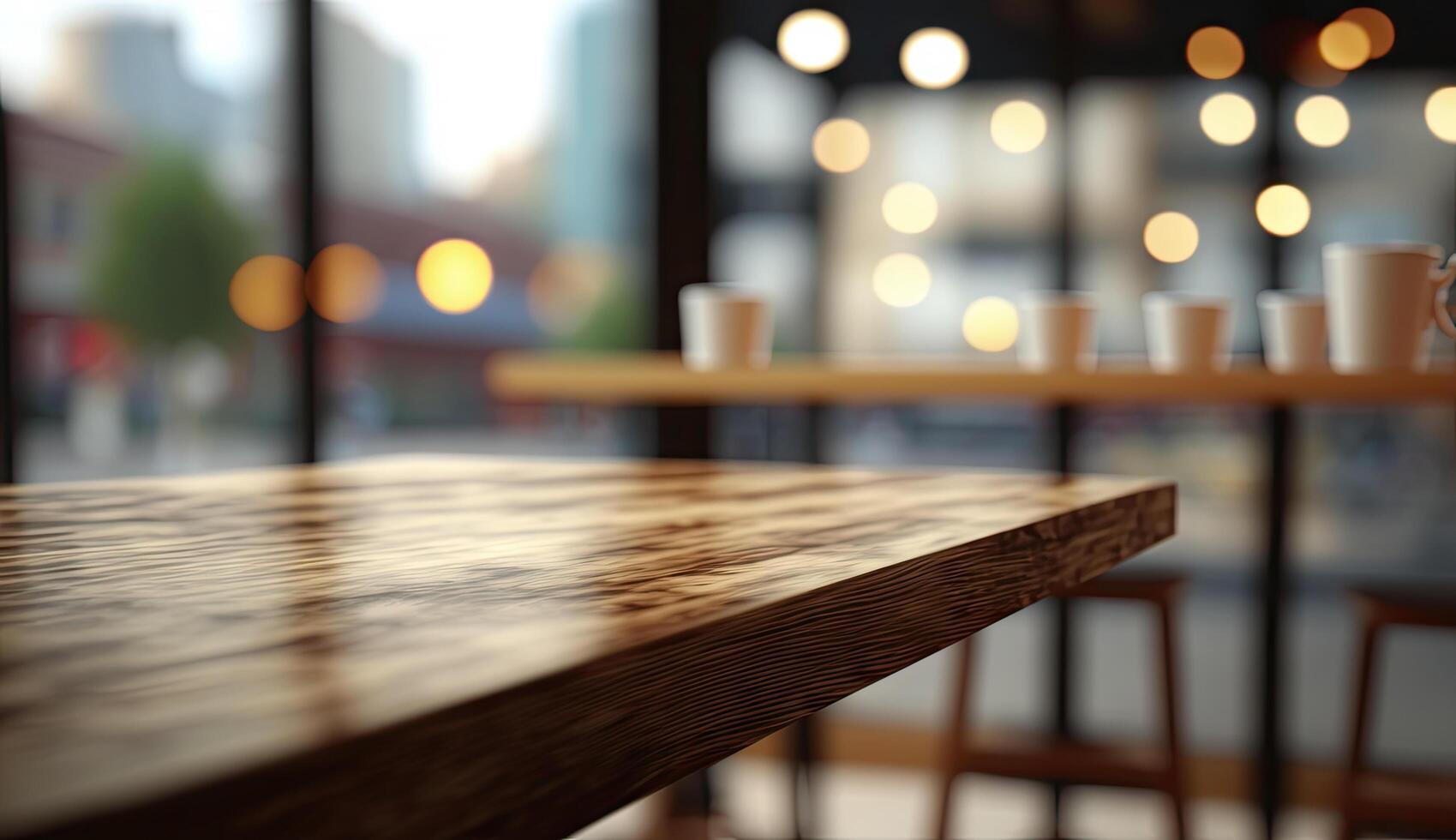 blanco vacío de madera bar mesa enfocado con borroso bokeh ligero de ciudad bohordo, edificio ver fondo, para burlarse de arriba y montaje producto monitor anuncio publicitario, con generativo ai. foto