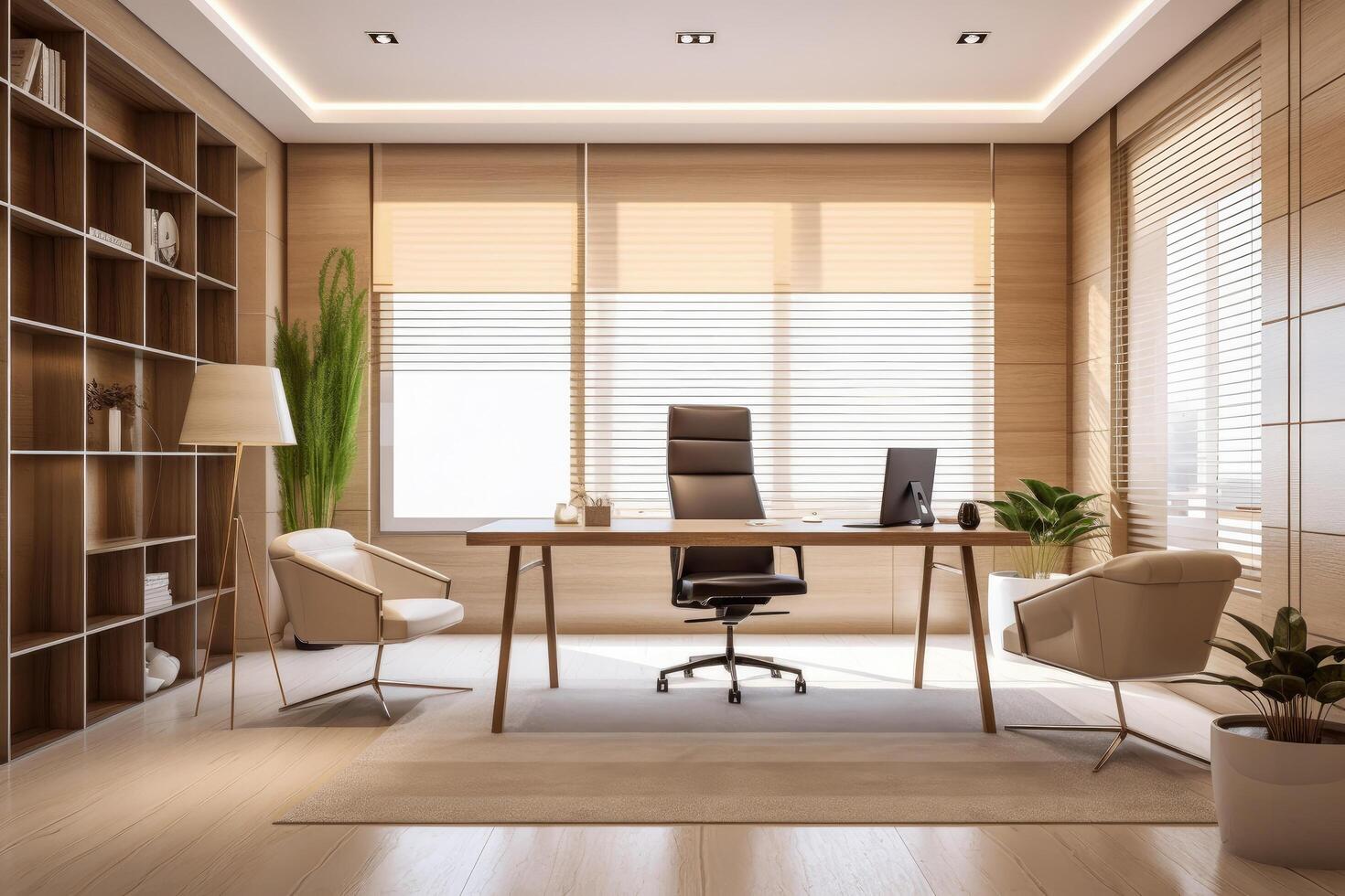 Minimal interior modern office space room with beige cozy tone style, decorate with armchair, desk, and row of computers, empty wall for mock up and banner, with . photo