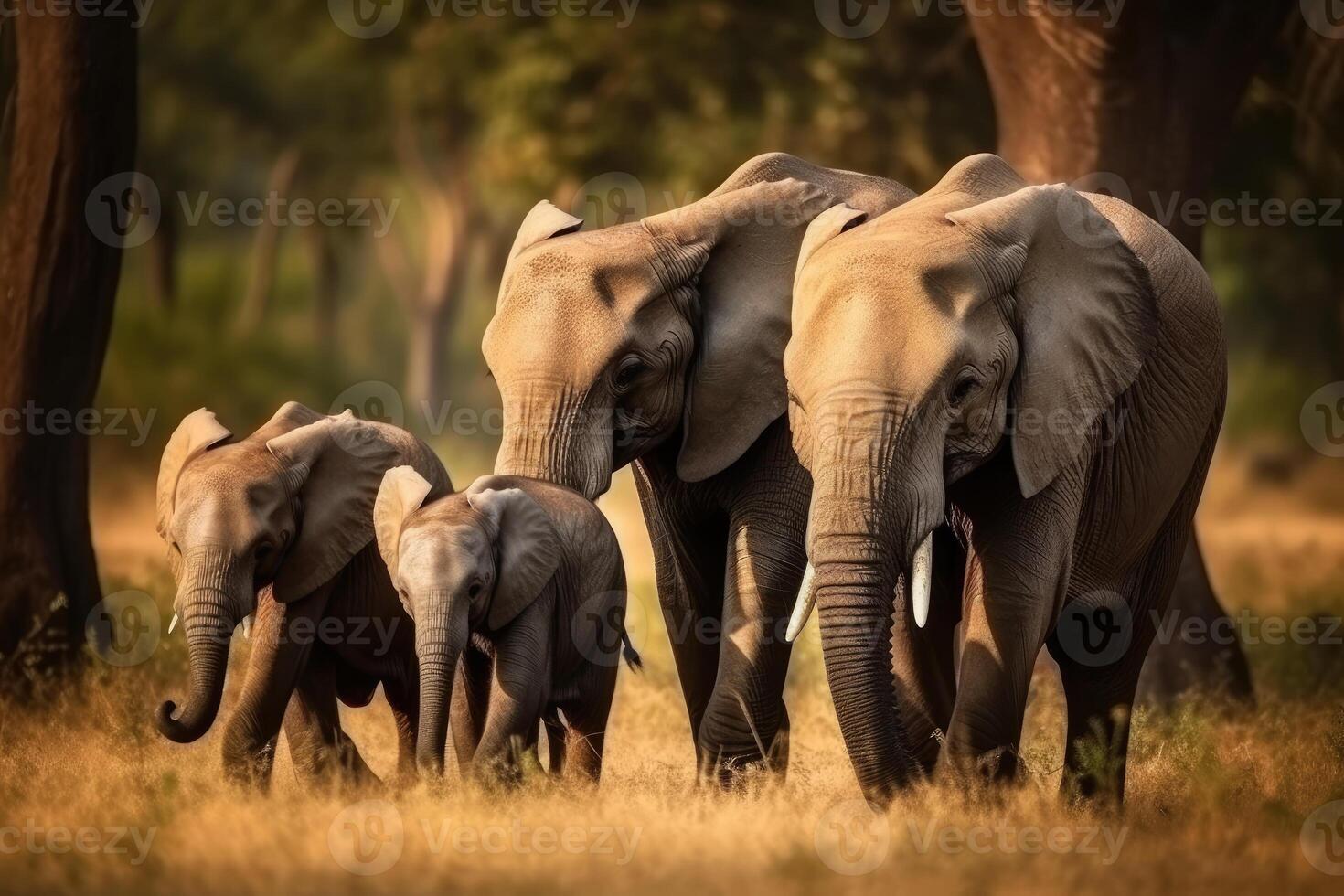 African Elephants family walking in the Savanna park, Animal wildlife habitat in the nature forest, beautiful of life, massive body part, largest mammal, with . photo