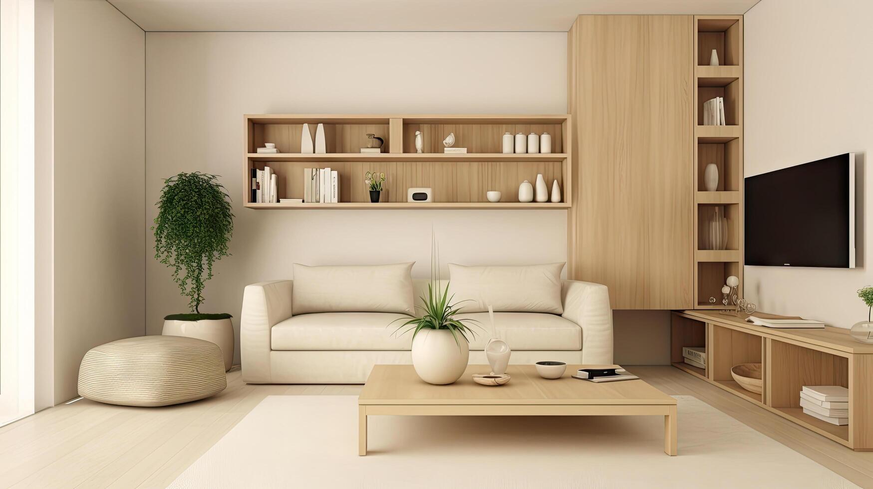 Minimal interior design living room with beige cozy tone style ...