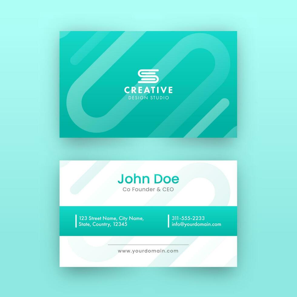 Turquoise And White Business Card Design With Double-Sides Presentation. vector