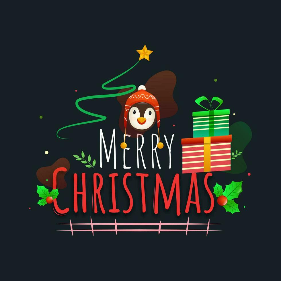 Merry Christmas Text with Penguin Face Wearing Woolen Hat, Holly Berries, Creative Xmas Tree and Gift Boxes on Dark Grey Background. vector