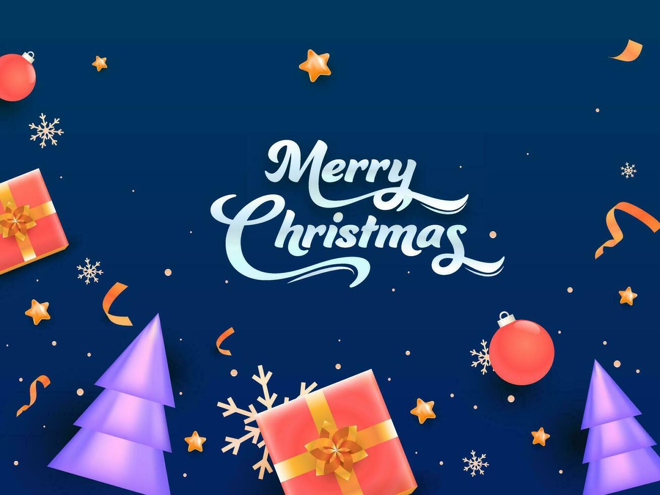 azul antecedentes decorado con 3d lustroso Navidad árboles, regalo cajas, adornos, estrellas y copos de nieve para alegre Navidad celebracion. vector