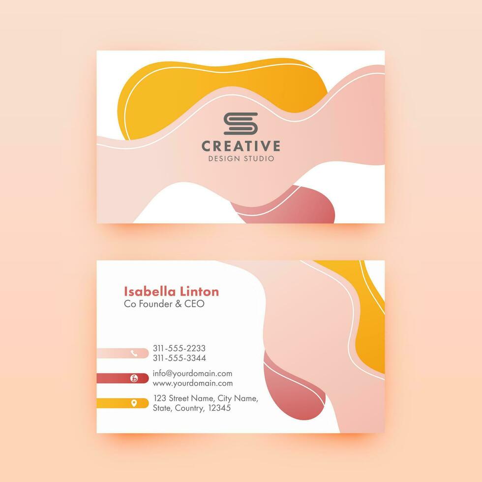 Front And Back View Of Business Card Design On Pastel Peach Background. vector