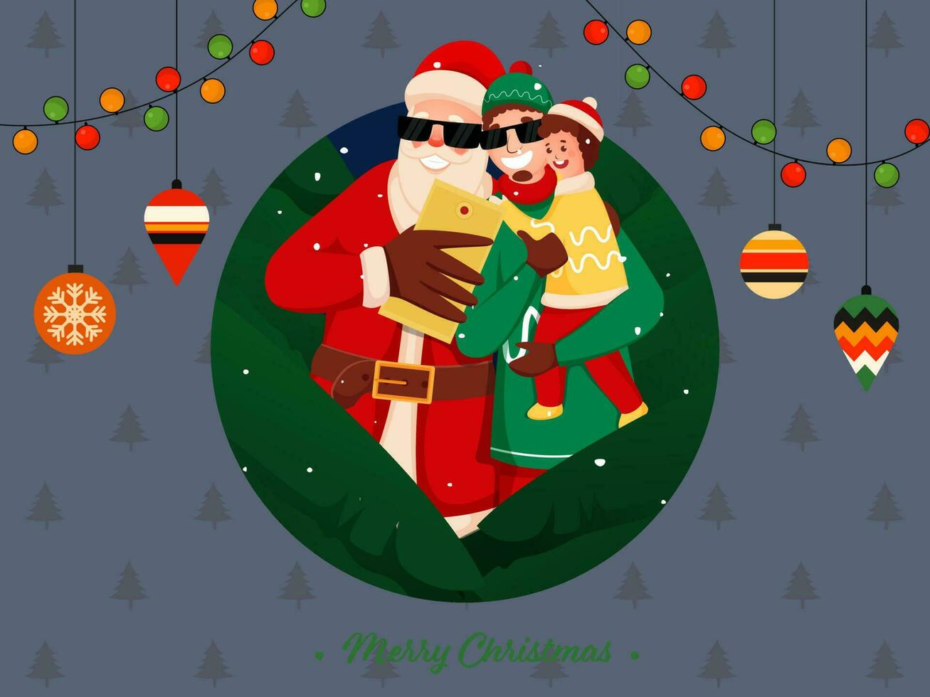 alegre Papa Noel claus tomando selfie con dibujos animados hombre participación su hijo y colgando adornos en Navidad árbol modelo antecedentes para alegre Navidad. vector