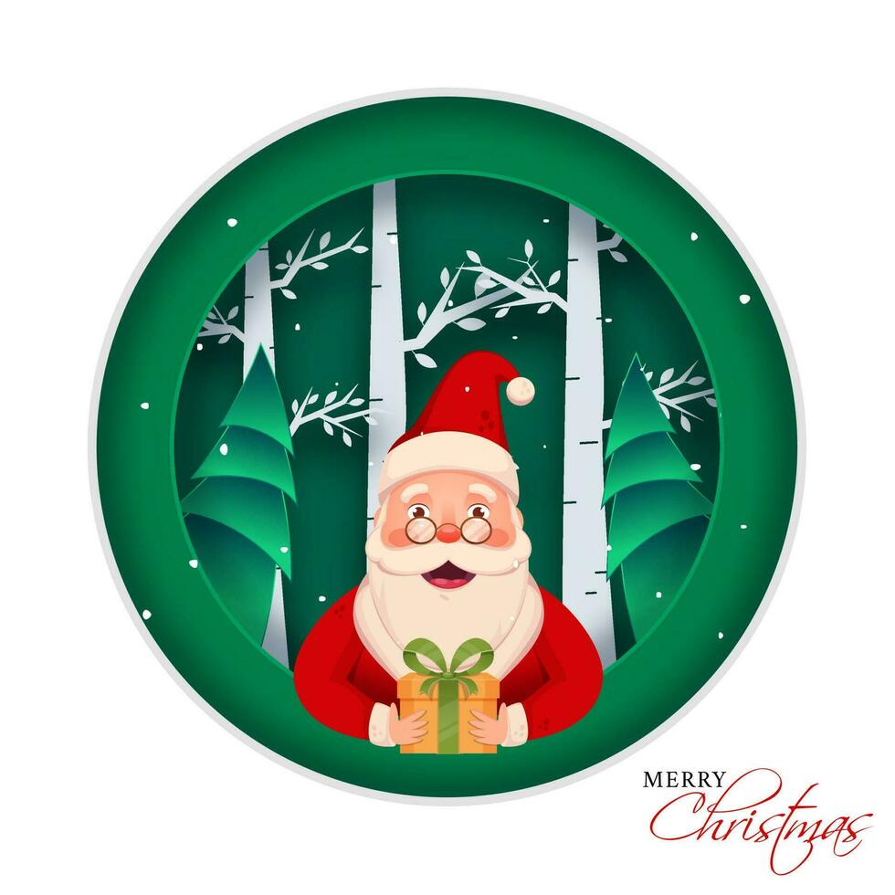 Cheerful Santa Claus Character Holding a Gift Box on Green and White Paper Cut Nature Background for Merry Christmas Celebration. vector