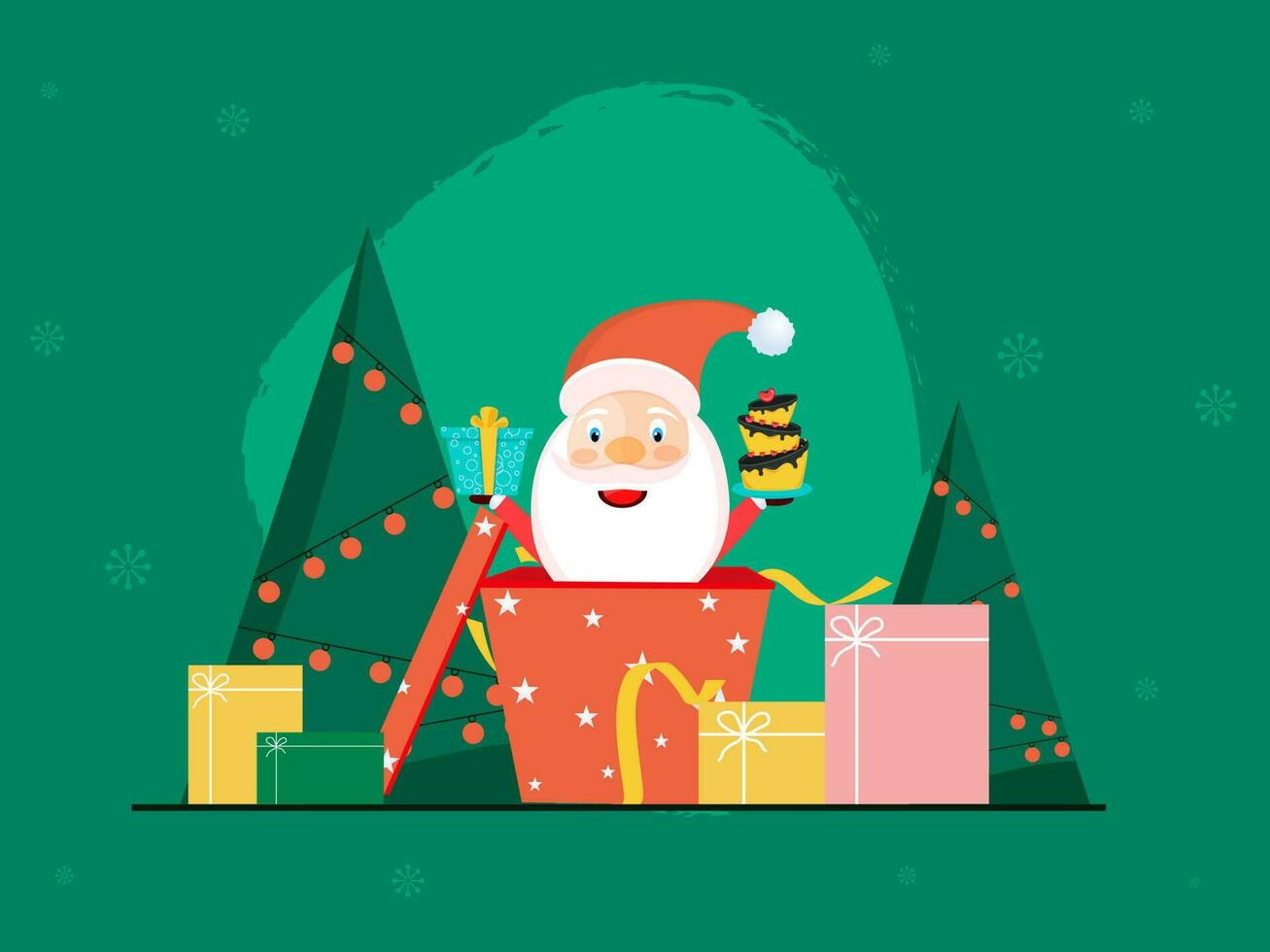 Cartoon Santa Claus Presenting Cake Inside Gift Box And Xmas Trees On Green Background. vector