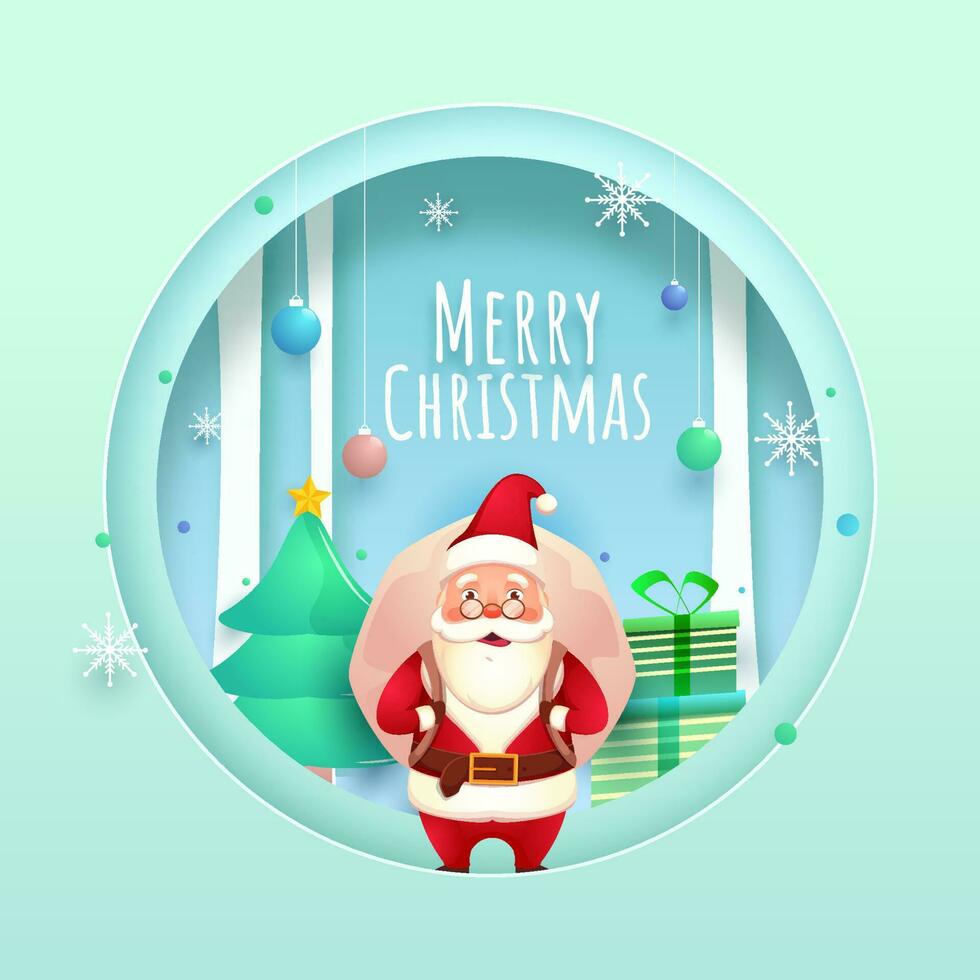 Paper Cut Circle Shape Background Decorated with Hanging Baubles, Snowflakes, Gift Boxes, Xmas Tree and Santa Claus Lifting a Heavy Bag for Merry Christmas Celebration. vector