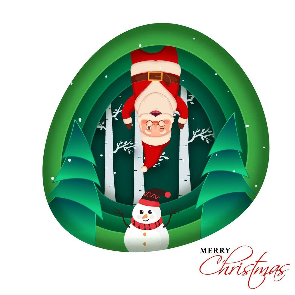 Green and White Paper Layer Cut Background with Xmas Tree, Cartoon Santa Claus and Snowman Character for Merry Christmas. vector