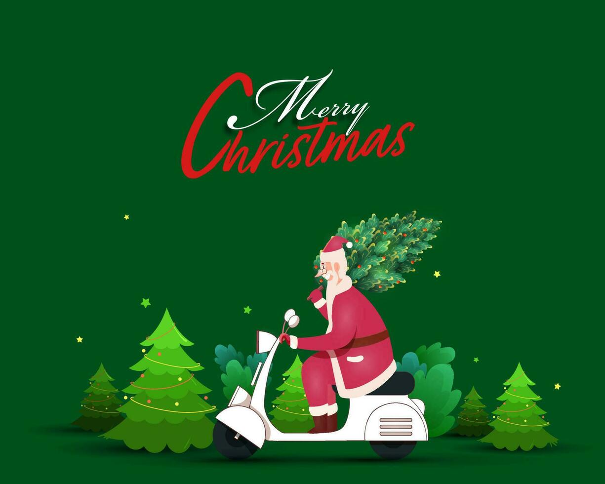 Merry Christmas Celebration Poster Design with Cheerful Santa Riding Scooter and Xmas Trees on Green Background. vector