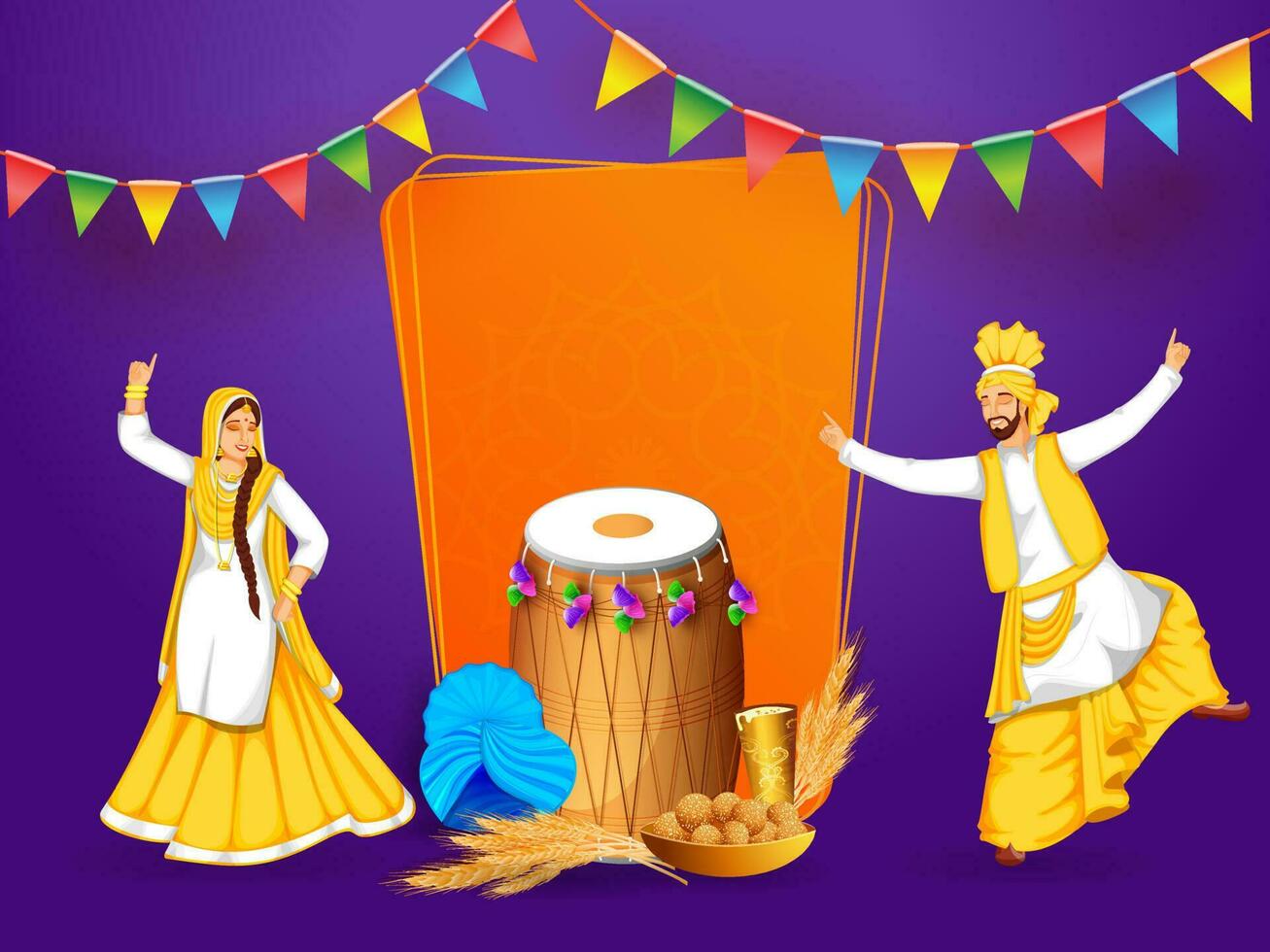 Illustration of Punjabi Festival Baisakhi or Vaisakhi with a Happy Punjabi Couple Performing Traditional Dance Bhangra and Gidda with Drum, Wheatears, Sweet and Drink on Purple Background. vector