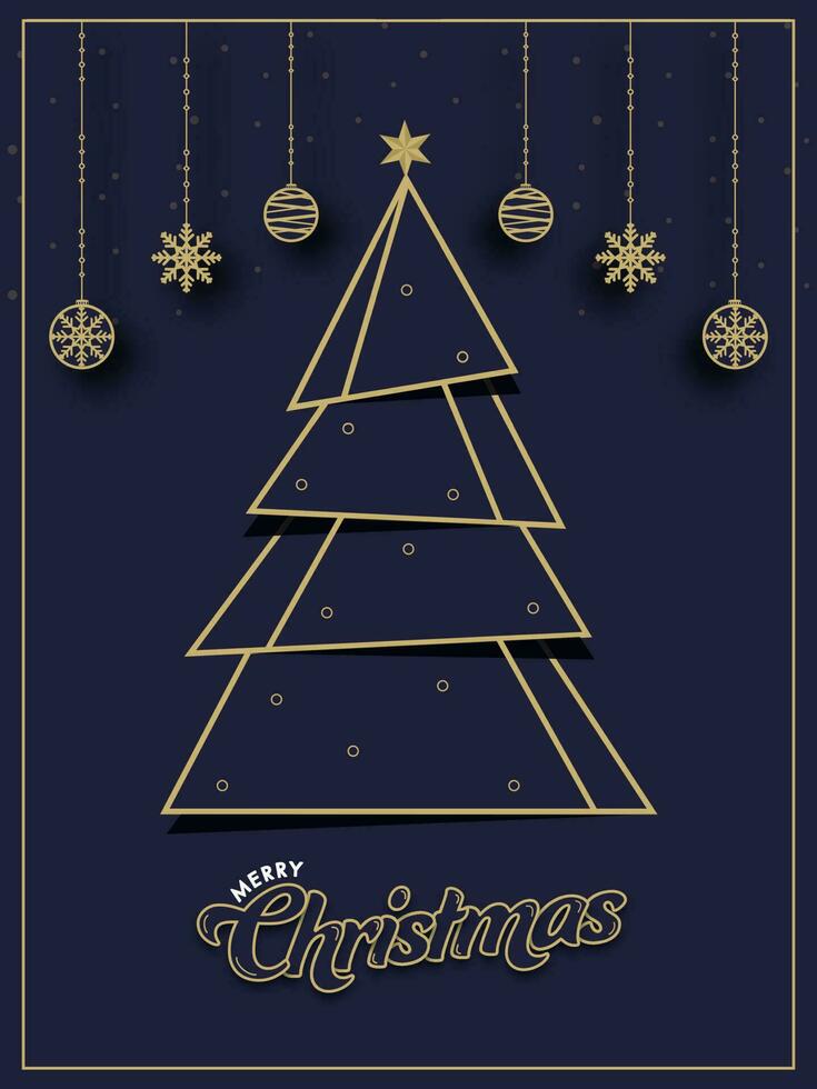 Paper Cut Xmas Tree with Star, Hanging Baubles and Snowflakes Decorated on Purple Background for Merry Christmas. vector